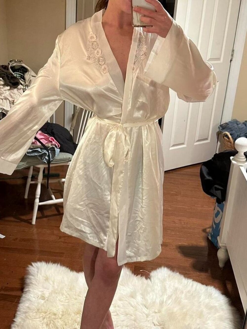 Cream satin robe with pink lace detailing